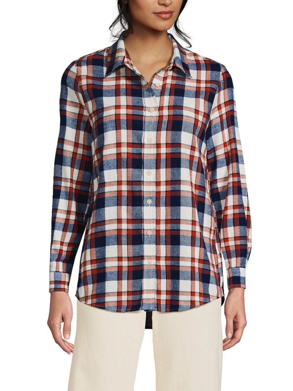2/$30 Lands' End Plaid Button-Down Flannel Shirt Navy Bourbon Plaid Large #A4800